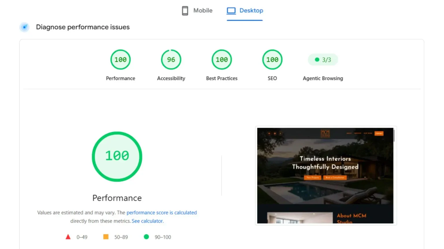 MCM Studio Page Speed Insight desktop