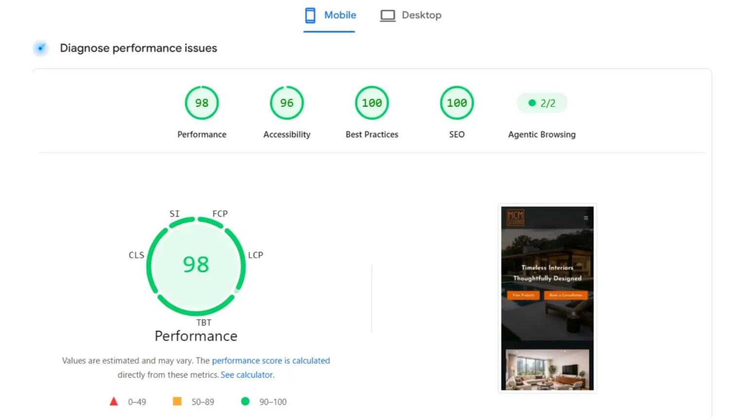 MCM Studio Page Speed Insight mobile