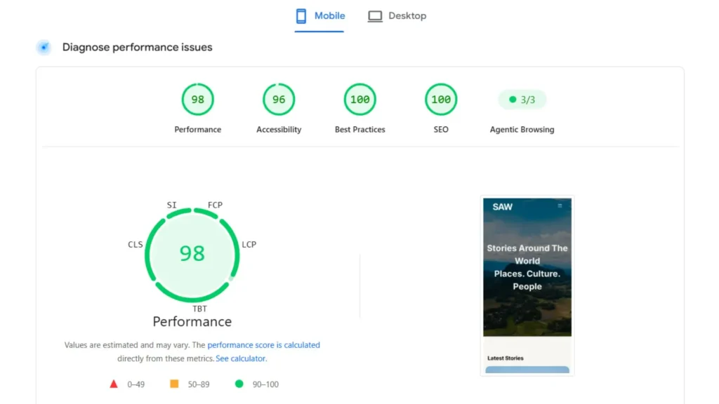 SAW Page Speed Insight mobile