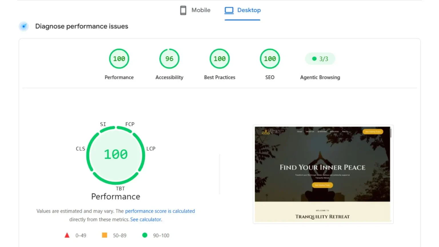 Tranquility Retreat Page Speed Insight desktop