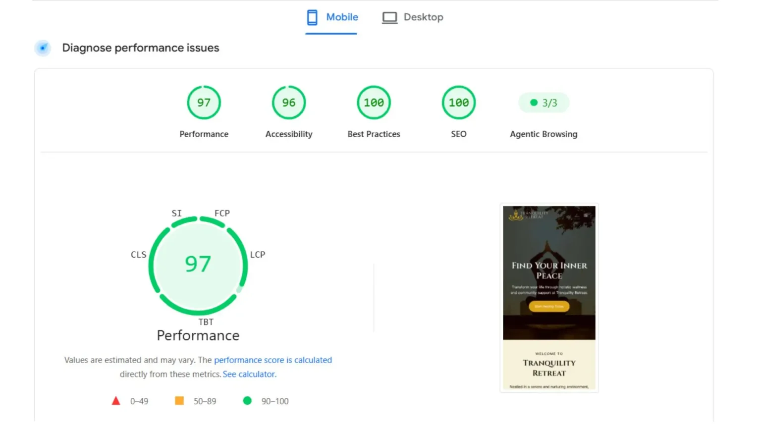 Tranquility Retreat Page Speed Insight mobile